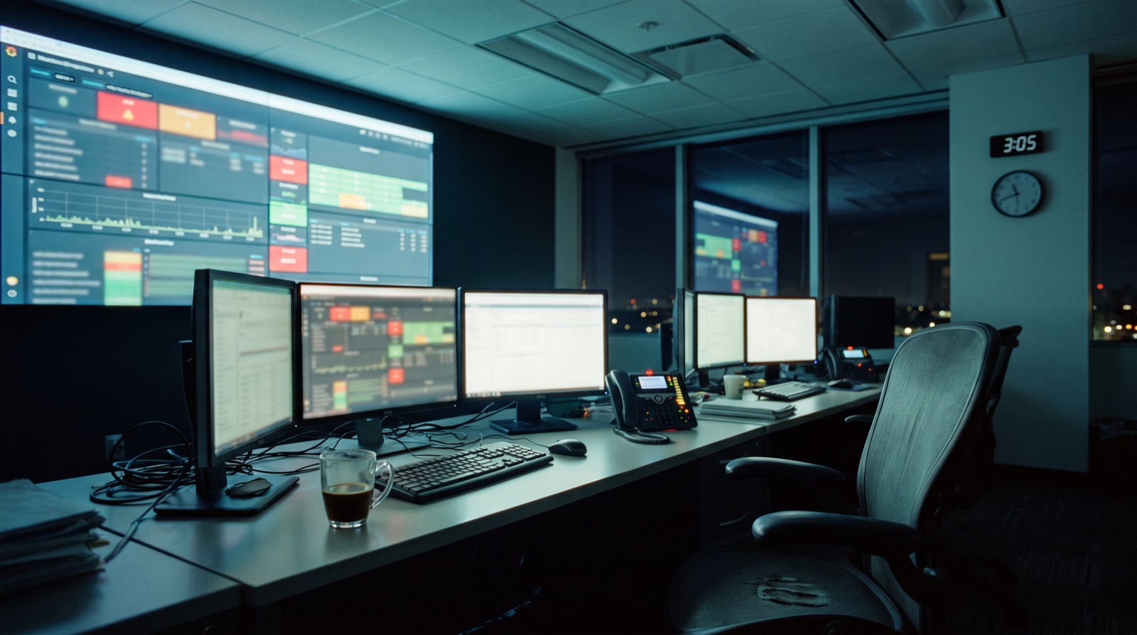 An empty operations center at night, monitoring dashboards glowing and a clock reading 3:05