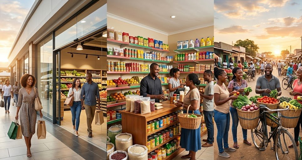 A modern grocery store, a stocked neighborhood shop, and an open-air street market side by side